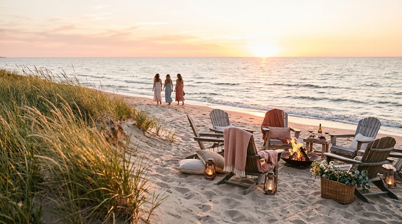 Lake Michigan golden hour beach bonfire lounge with friends walking along the shoreline