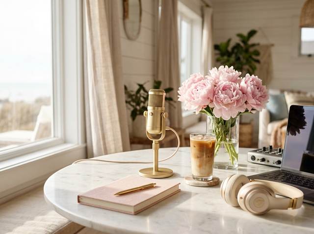 Fresh flowers, a notebook and headphones in a quiet, sunlit room.