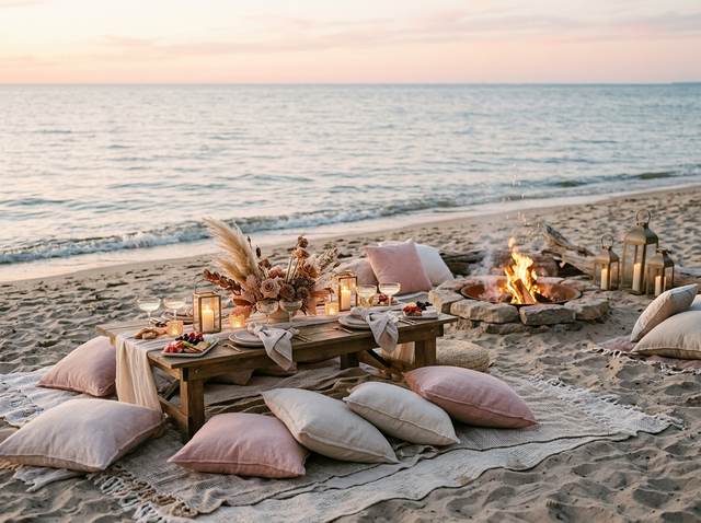 A beach bonfire with cushions, lanterns and a picnic table beside the water.